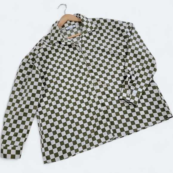 Pretty Garbage Green and White Checkered Shirt Women's Size S Button Up Blouse - Picture 14 of 14